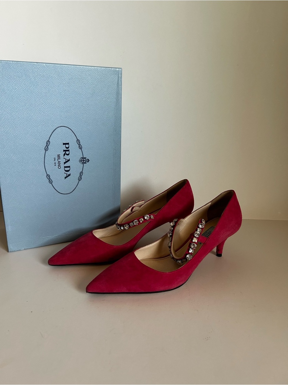Prada Fuchsia Suede Pointed-Toe Kitten Heels with Crystal Strap